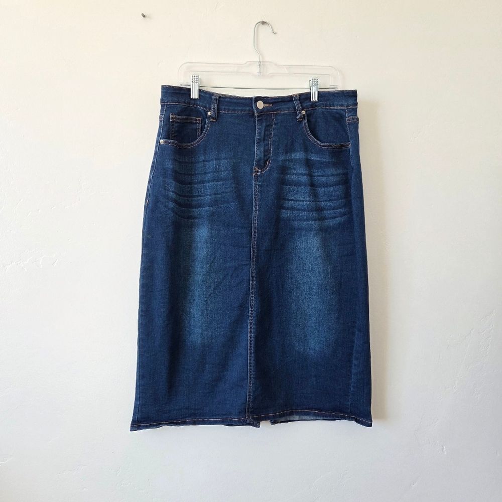 Guanny Denim Jean Midi Skirt Straight Stretchy Back Slit Rockabilly Americana XL